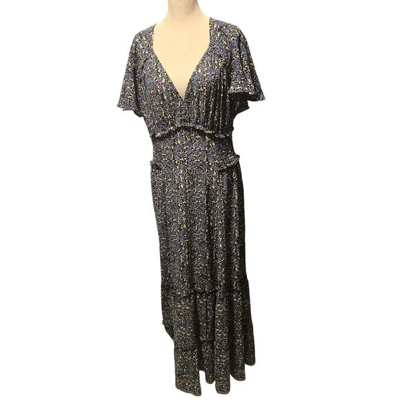 Max Studio Flutter Sleeve Floral Tiered Maxi Dress Smocked‎ Waist Size L - Picture 1 of 5